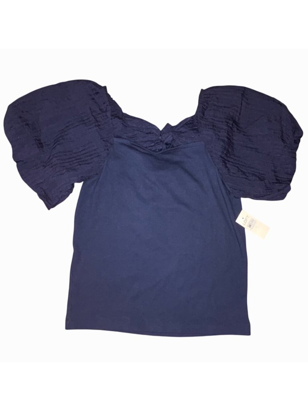 NWT New Loft Navy Crinkle Seersucker Puff-Sleeve Top Bow Back Cotton Stretch L - Picture 12 of 13